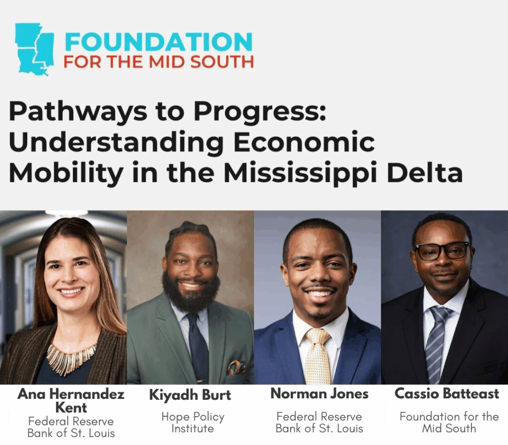 Promotional graphic for the Foundation for the Mid South’s “Pathways to Progress: Understanding Economic Mobility in the Mississippi Delta” webinar, featuring panelists Ana Kent of the Federal Reserve Bank of St. Louis, Kiyadh Burt of Hope Policy Institute, Norman Jones of the Federal Reserve Bank of St. Louis, and Cassio Batteast of the Foundation for the Mid South.