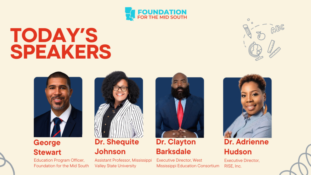 Headshots of the four webinar speakers: George Stewart, Dr. Shequite Johnson, Dr. Clayton Barksdale, and Dr. Adrienne Hudson.