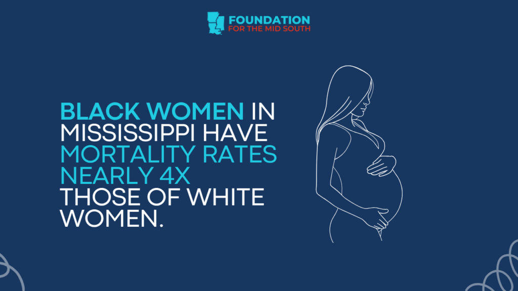 Infographic showing that Black women in Mississippi face mortality rates almost four times higher than white women.