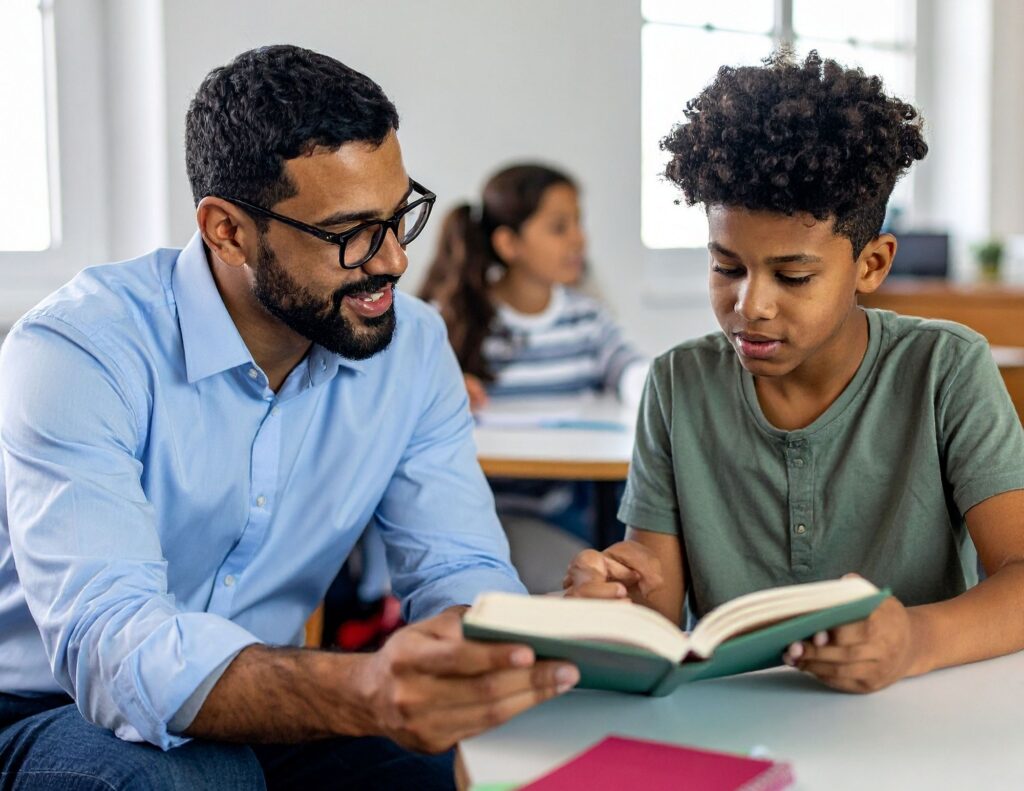 A teacher sits beside a middle school student and helps him read a book during class.