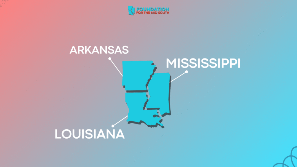 Map showing Arkansas, Mississippi, and Louisiana where community listening sessions were held.