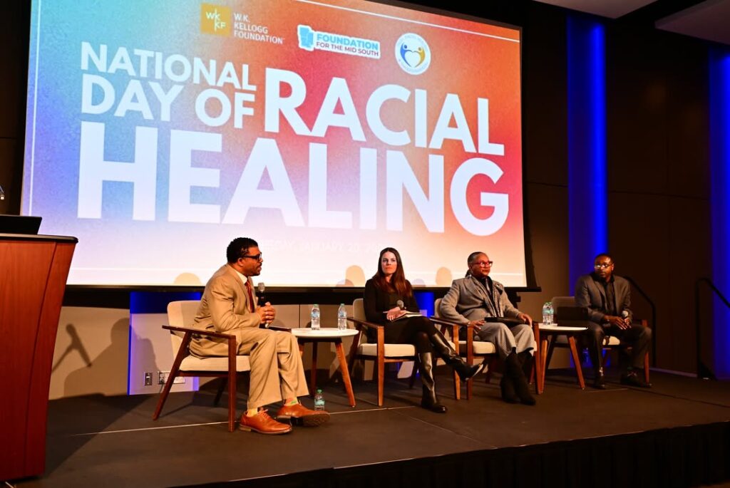National Day of Racial Healing stage and screen inside the Two Mississippi Museums in Jackson, Mississippi.