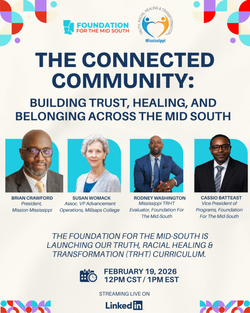 Promotional graphic for The Connected Community webinar titled “Building Trust, Healing, and Belonging Across the Mid South,” featuring Brian Crawford, Susan Womack, Rodney Washington, and Cassio Batteast. The webinar streams live on LinkedIn February 19, 2026 at 12PM CST / 1PM EST.