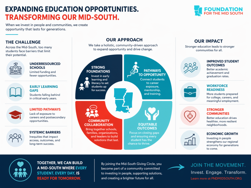 Infographic on expanding education opportunities in the Mid-South through workforce development, early learning, and community investment across Arkansas, Louisiana, and Mississippi.